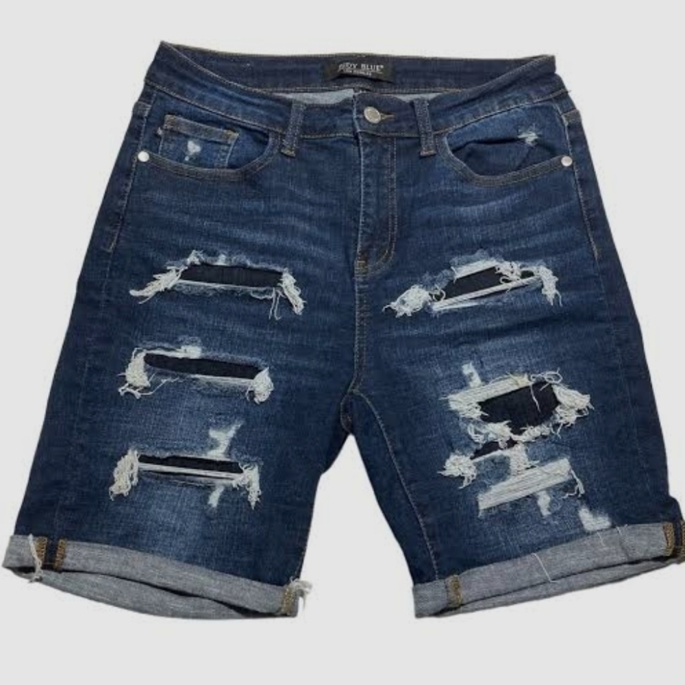 Judy Blue Los Angeles Blue Denim High Rise Distressed Bermuda Shorts Women’s M - Picture 2 of 6